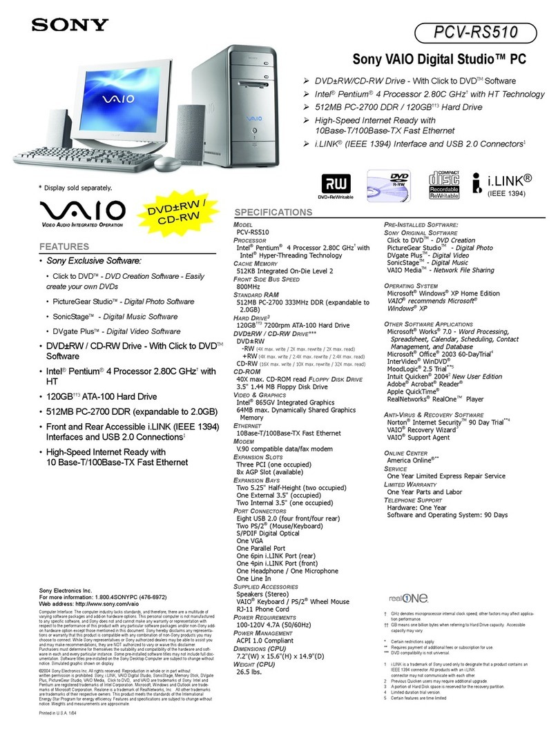 Sony PCV-RS510 - Vaio Desktop Computer Specifications