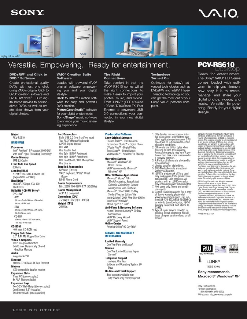 Sony PCV-RS610 - Vaio Desktop Computer User manual