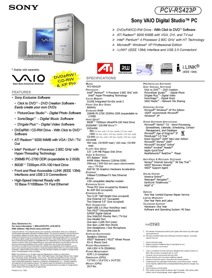 Sony PCV-RS423P - Vaio Desktop Computer Specifications