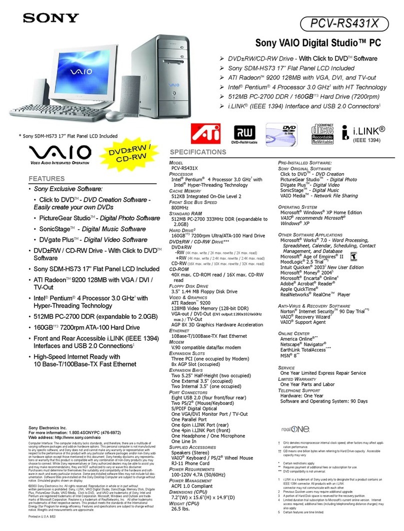 Sony PCV-RS431X - Vaio Desktop Computer User manual