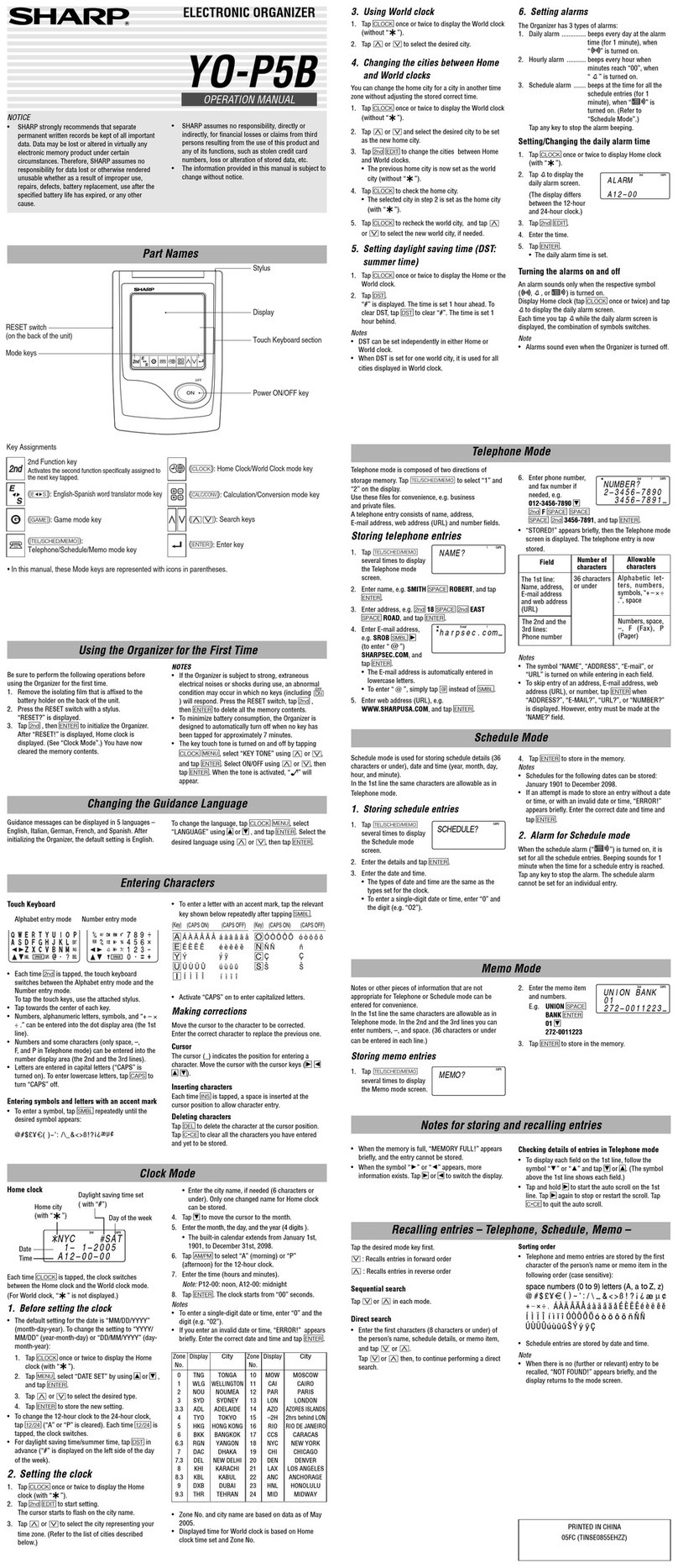 Sharp YO-P5B Operation manual