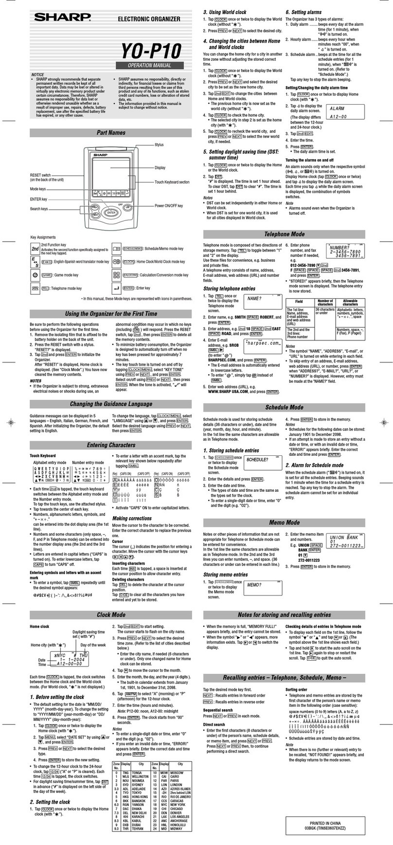 Sharp YO-P10 User manual Sharp YO-P10 User manual