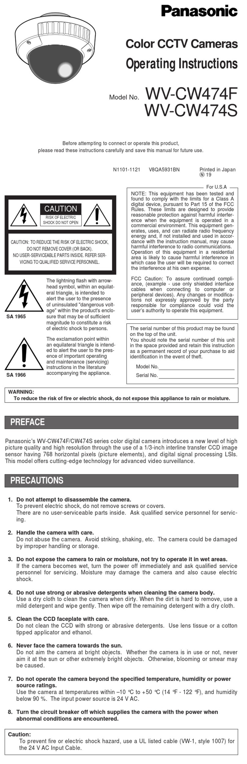 Panasonic WVCW474F - COLOR CCTV CAMERA User manual