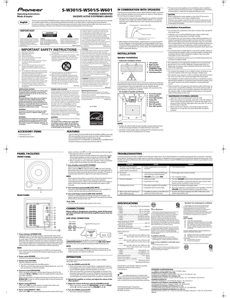 Pioneer SW301 - Powered Subwoofer operating instructions