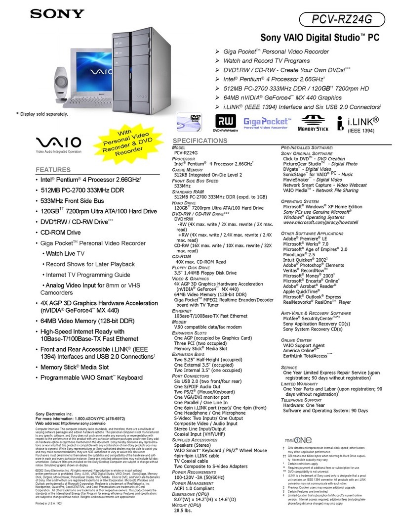 Sony PCV-RZ24G - Vaio Desktop Computer User manual