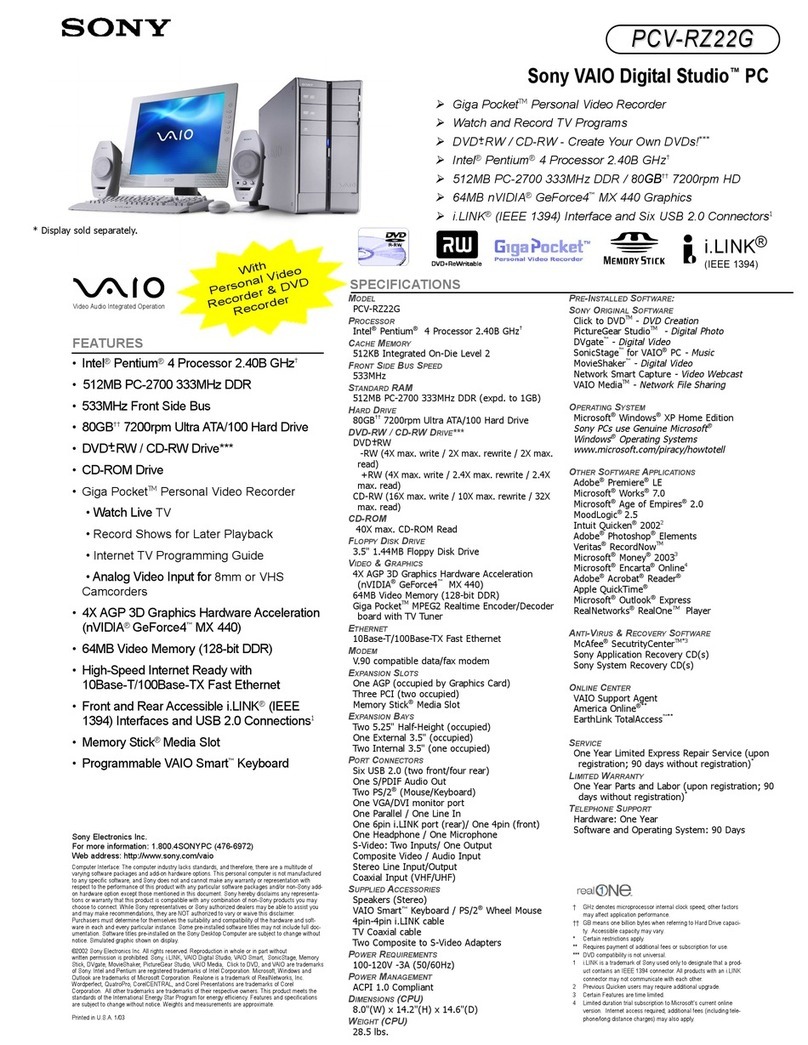 Sony PCV-RZ22G - Vaio Desktop Computer Specifications