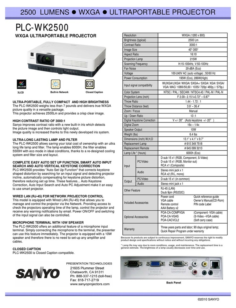 Sanyo PLC-WK2500 - 2500 Lumens Specification sheet