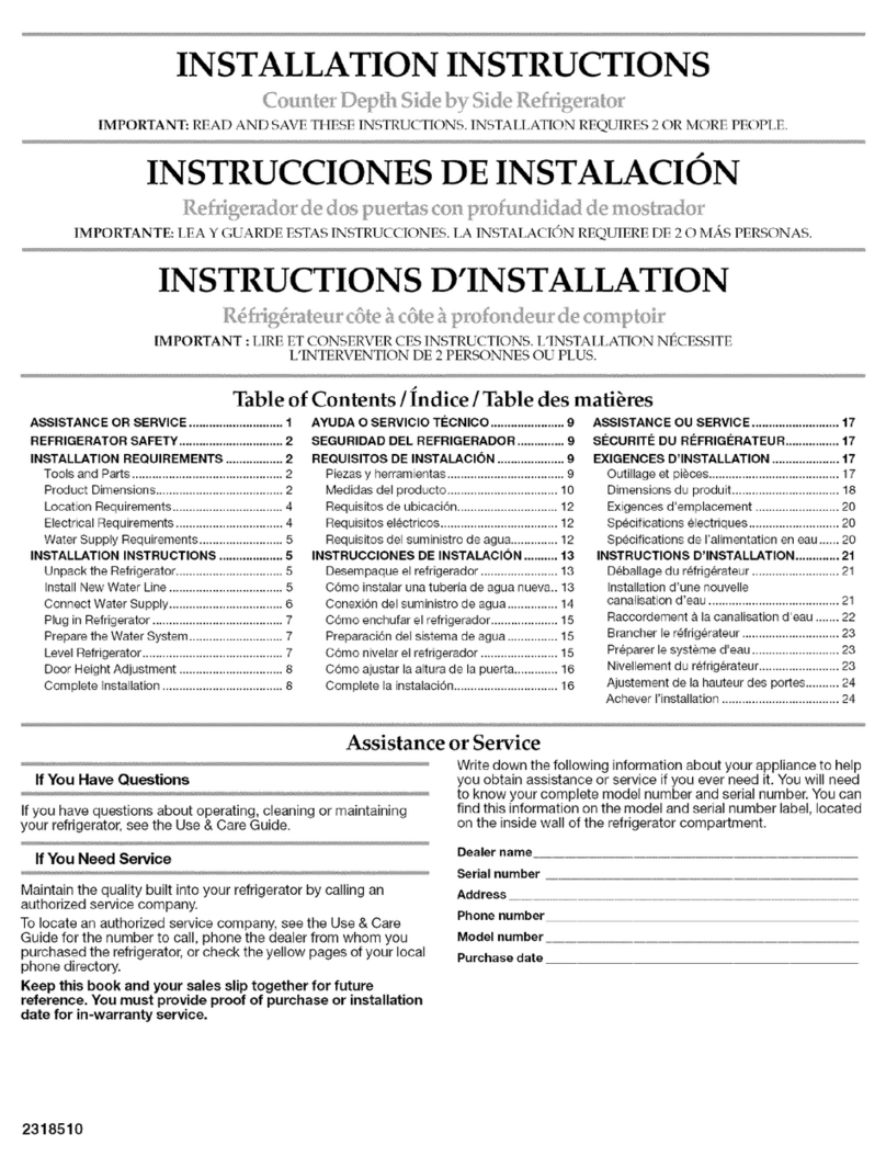 Whirlpool GC3NHAXVS - Side-By-Side Refrigerator installation instructions
