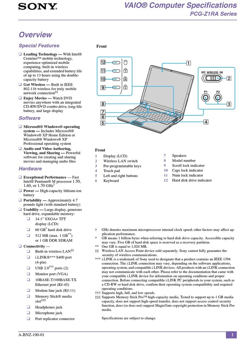 Sony VAIO PCG-Z1RA Series Specifications