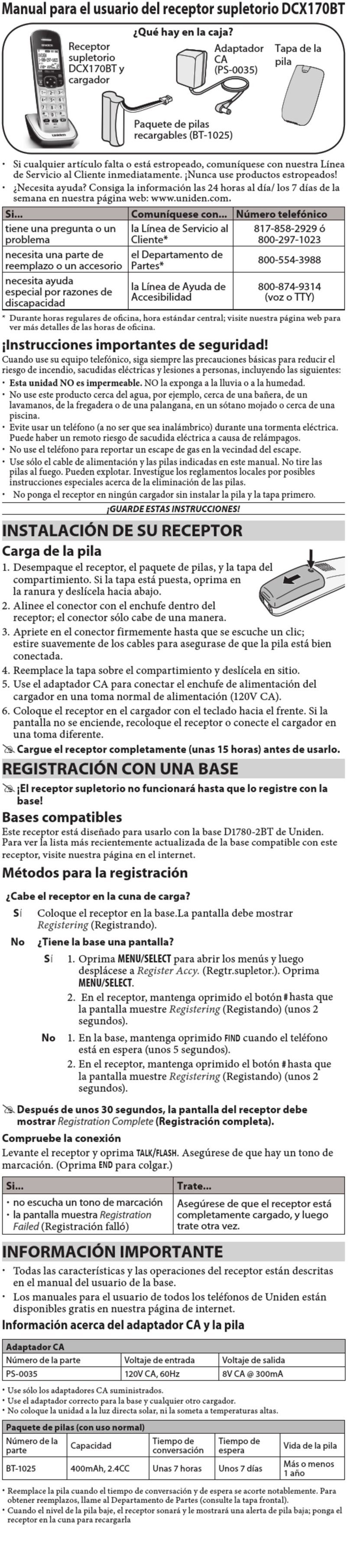 Uniden DCX170BT User manual