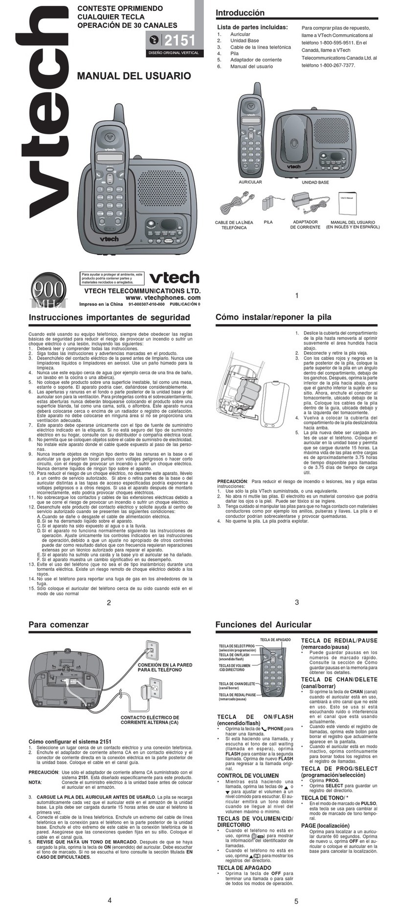 V-tech t2151 - Cordless Phone - Operation User guide