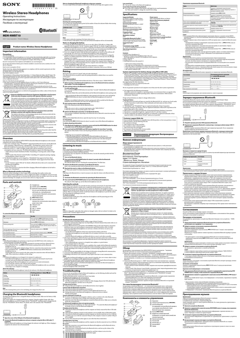 Sony Walkman MDR-NWBT10 operating instructions