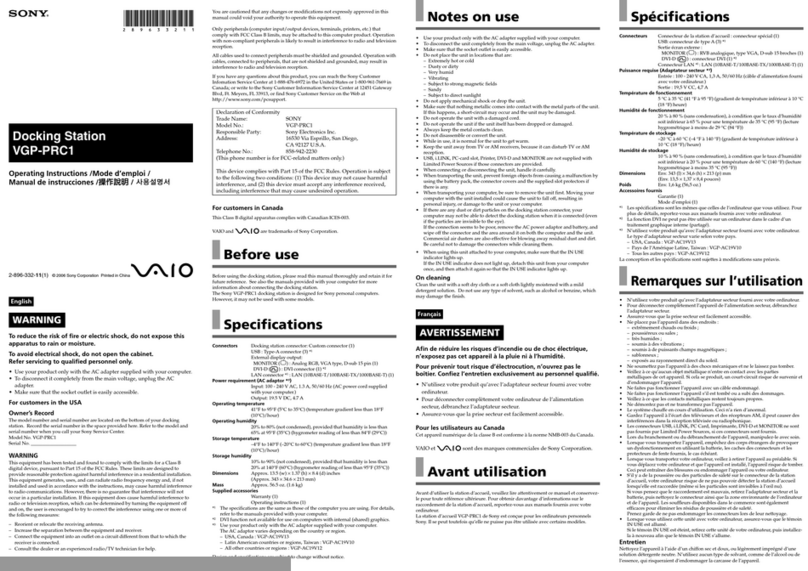 Sony VGP PRC1 - Port Replicator - PC operating instructions Sony VGP PRC1 - Port Replicator - PC operating instructions