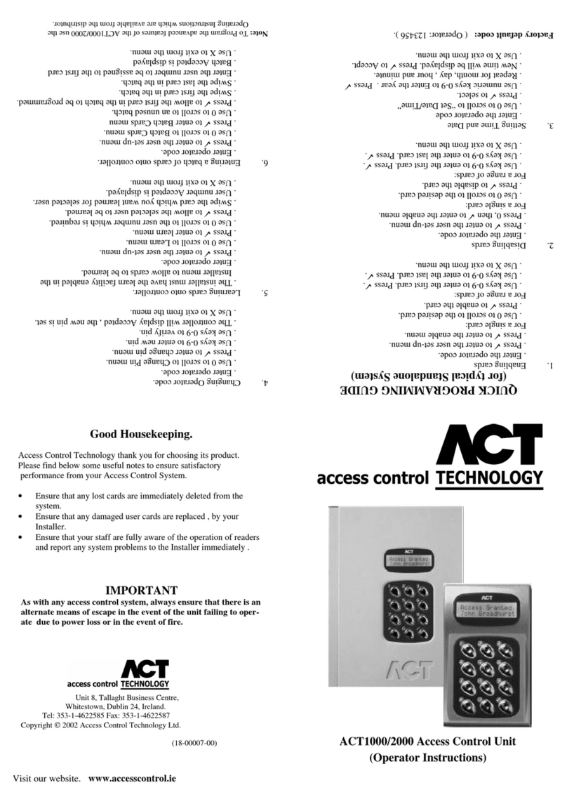 ACT Technology ACT1000 - ACCESS CONTROL UNIT - INSTALLERS Specifications