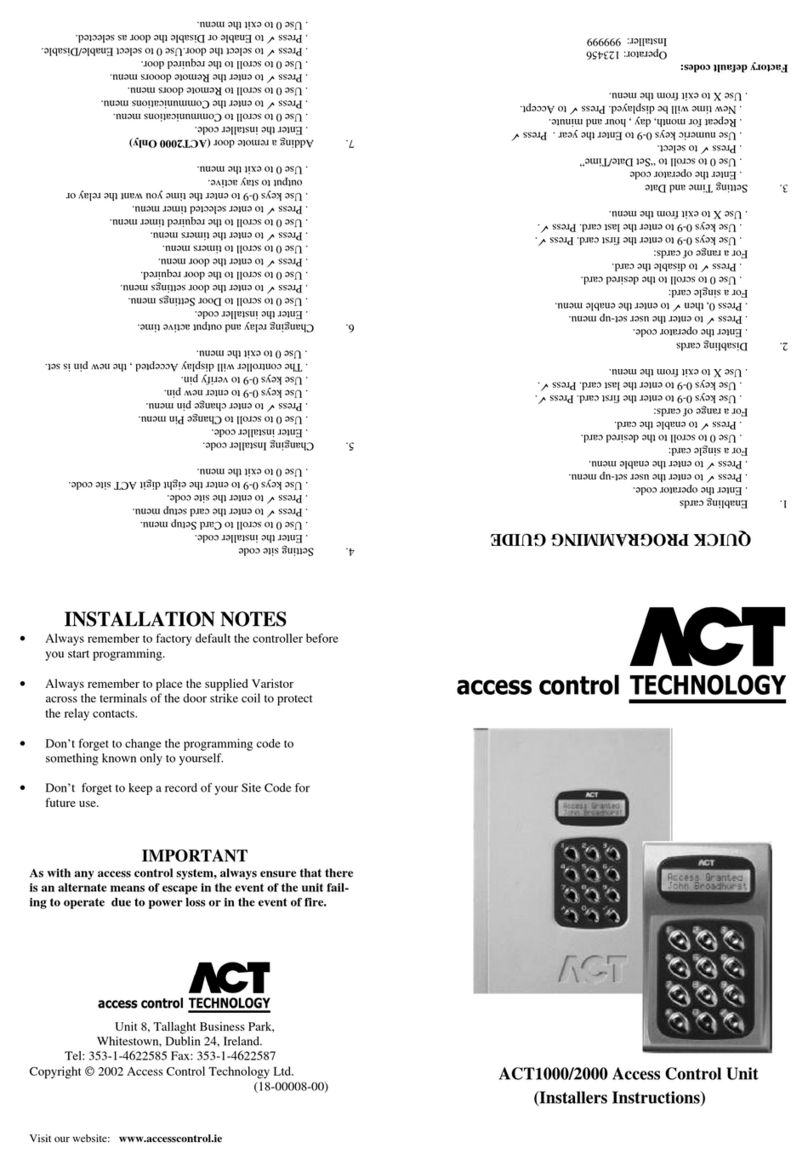 ACT Technology ACT1000 - ACCESS CONTROL UNIT - INSTALLERS User manual
