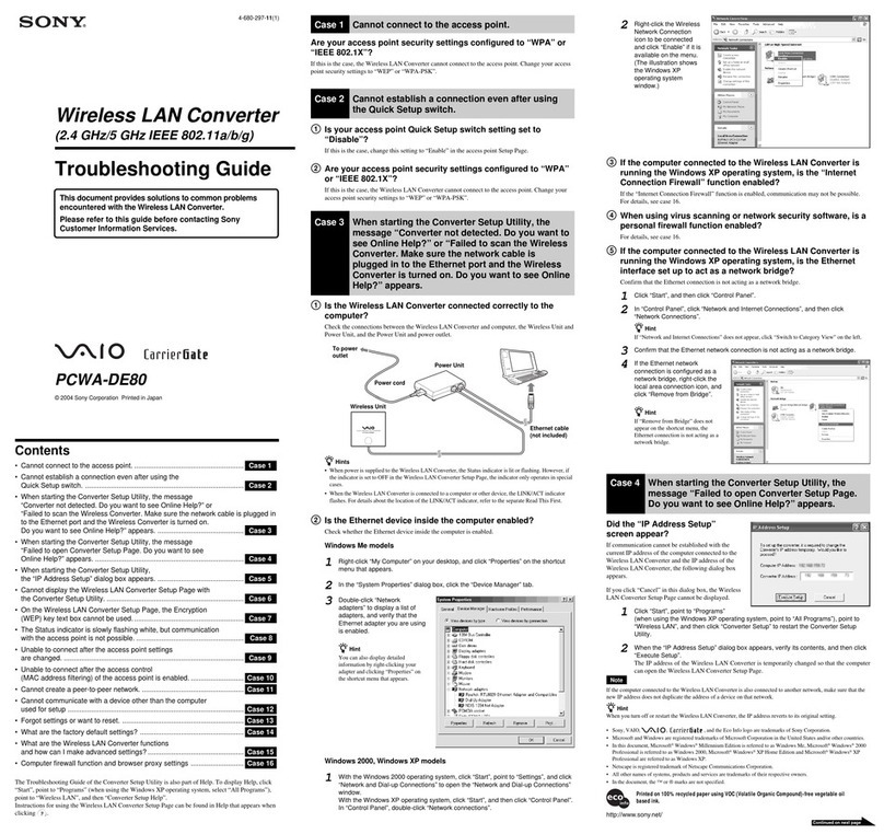 Sony PCWA-DE80 - Wireless Lan Router troubleshooting guide