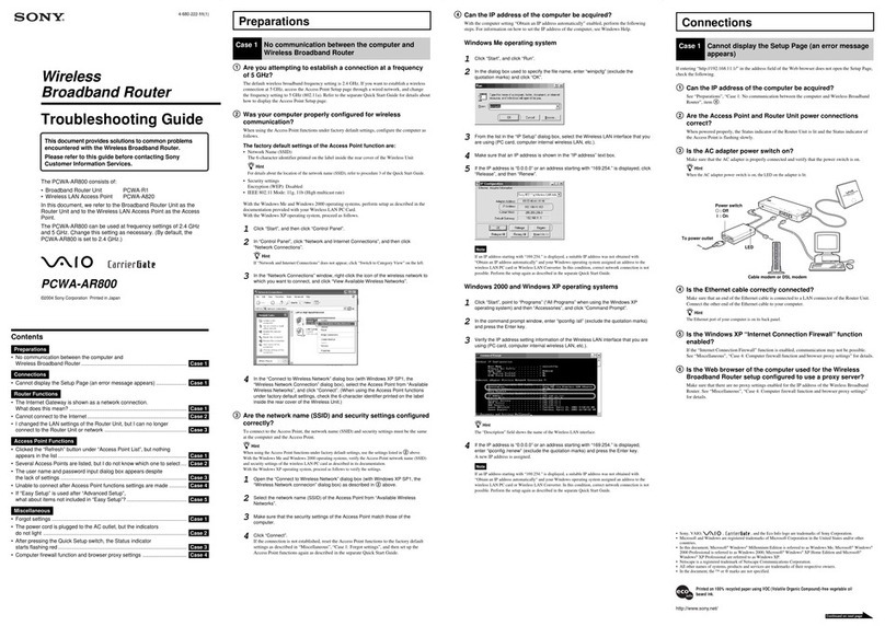 Sony PCWA-AR800 - Wireless Lan Router troubleshooting guide