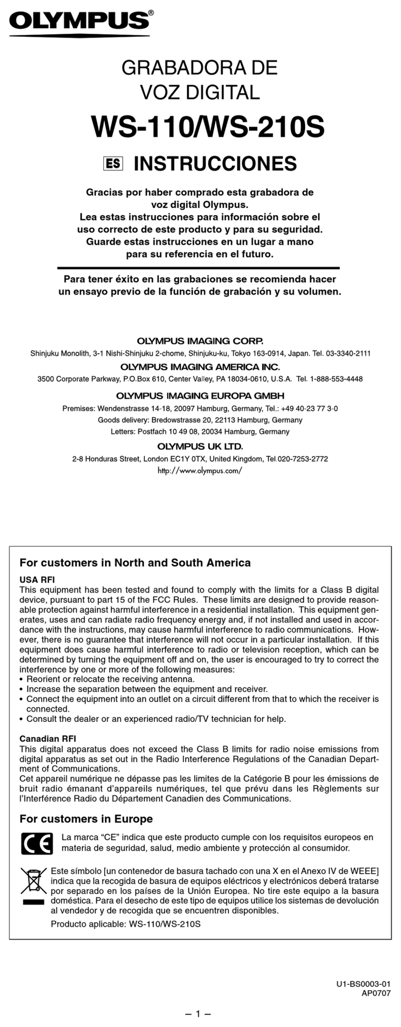 Olympus WS 110 - 256 MB Digital Voice Recorder Setup guide Olympus WS 110 - 256 MB Digital Voice Recorder Setup guide