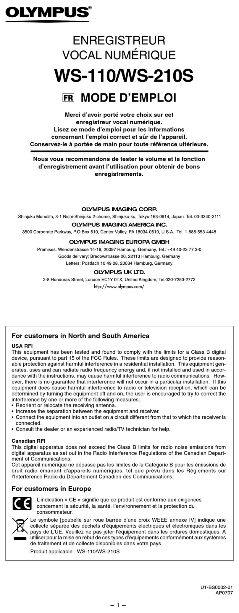 Olympus WS 110 - 256 MB Digital Voice Recorder Assembly instructions