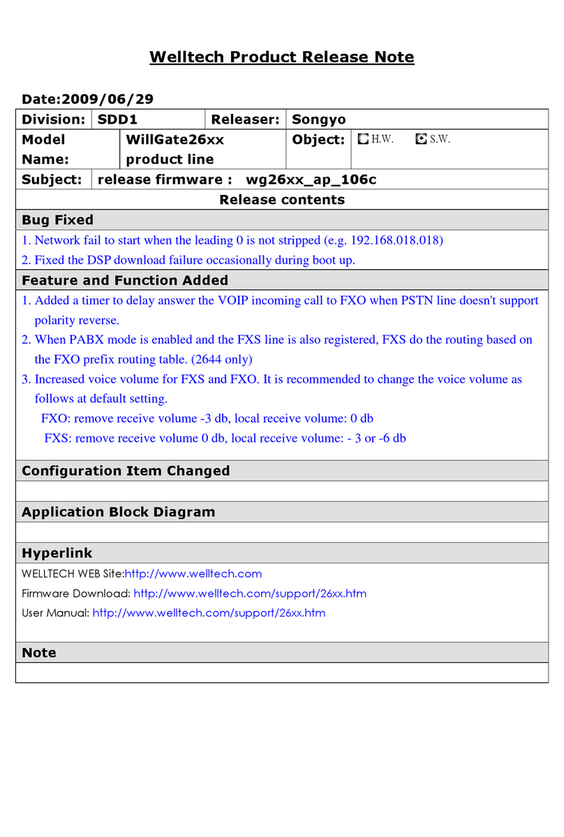WELLTECH WILLGATE26XX - RELEASE NOTE 2 V106C User manual WELLTECH WILLGATE26XX - RELEASE NOTE 2 V106C User manual