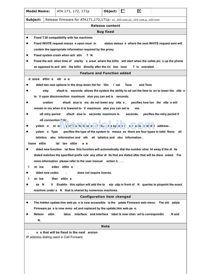 WELLTECH ATA 171P - RELEASE NOTE V103 release note