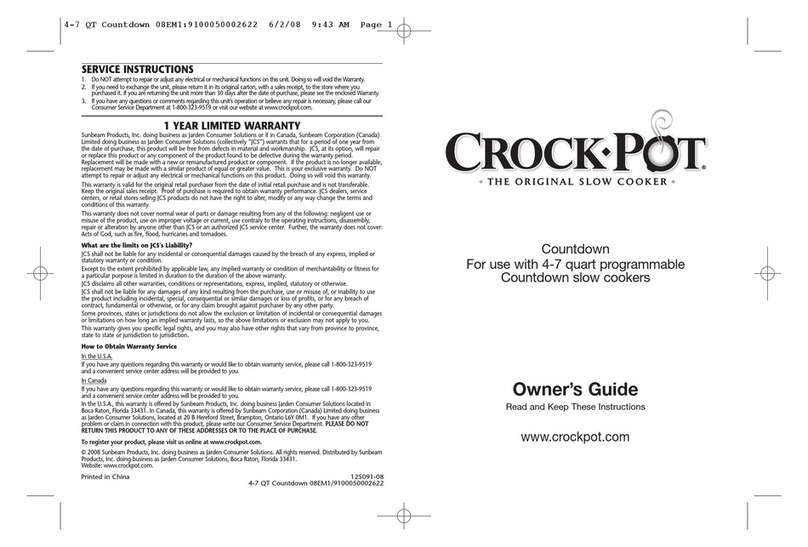 Crock-Pot 4-7 QUART  SLOW COOKER - DESIGNER User manual