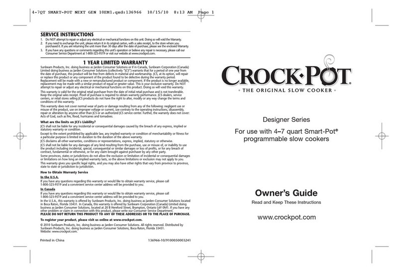 Crock-Pot 4-7 QUART  SLOW COOKER - DESIGNER User manual