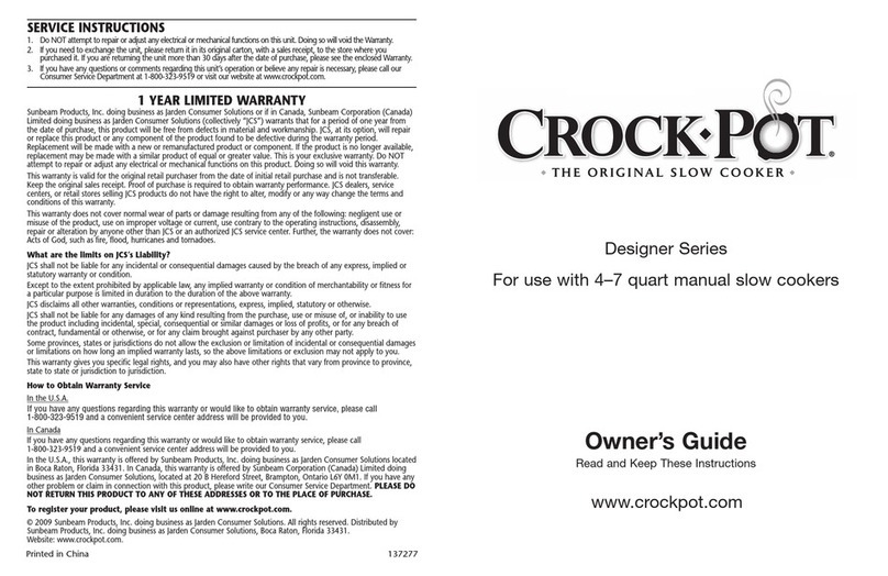 Crock-Pot 4-7 QUART  SLOW COOKER - DESIGNER User manual