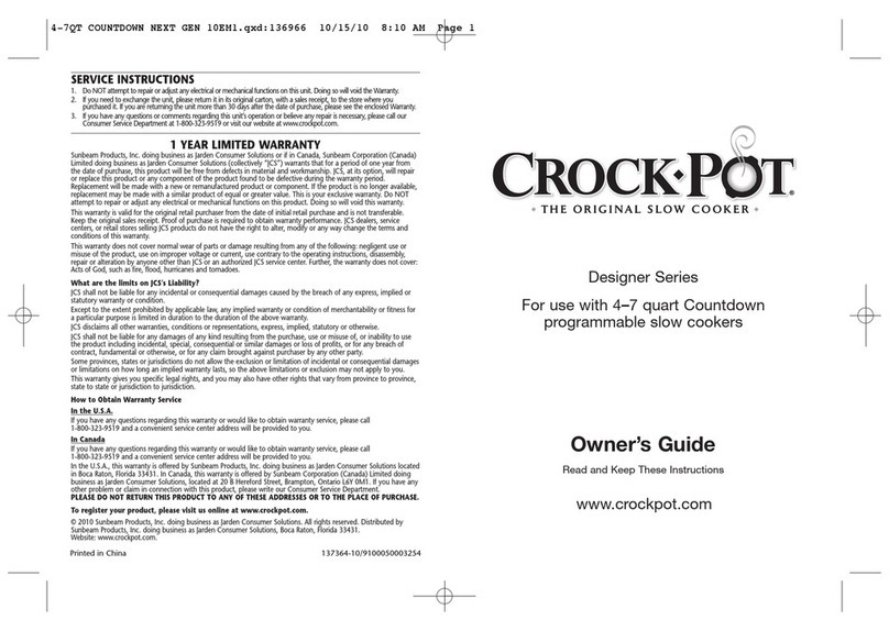 Crock-Pot 4-7 QUART  SLOW COOKER - DESIGNER owner's guide