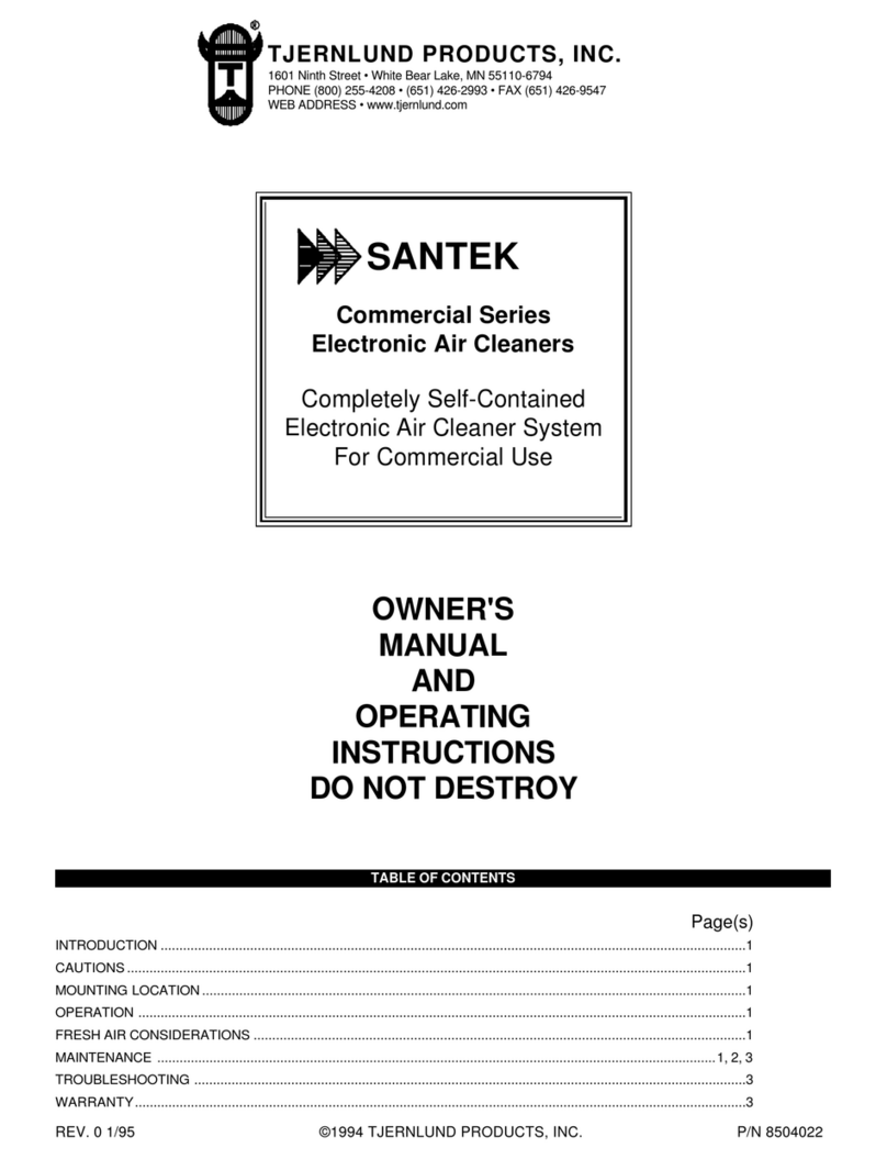 TJERNLUND SANTEK AIR CLEANERS 8504022 REV 1 0195 Owner's manual & operating instructions