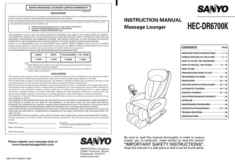 Sanyo HEC-DR6700K - Zero Gravity Massage Chair User manual Sanyo HEC-DR6700K - Zero Gravity Massage Chair User manual