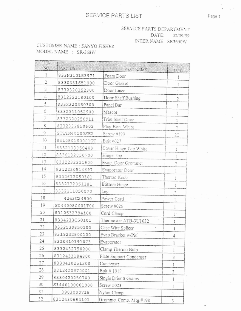 Sanyo SR368W - Counter High Refrigerator Service parts list