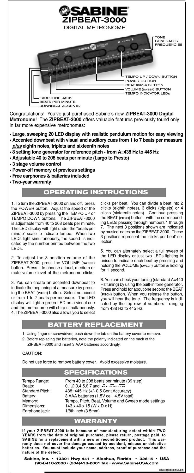 SABINE ZIPBEAT 3000 User manual