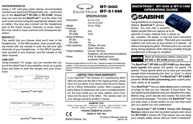 SABINE BACKTRAK BT-316M User manual
