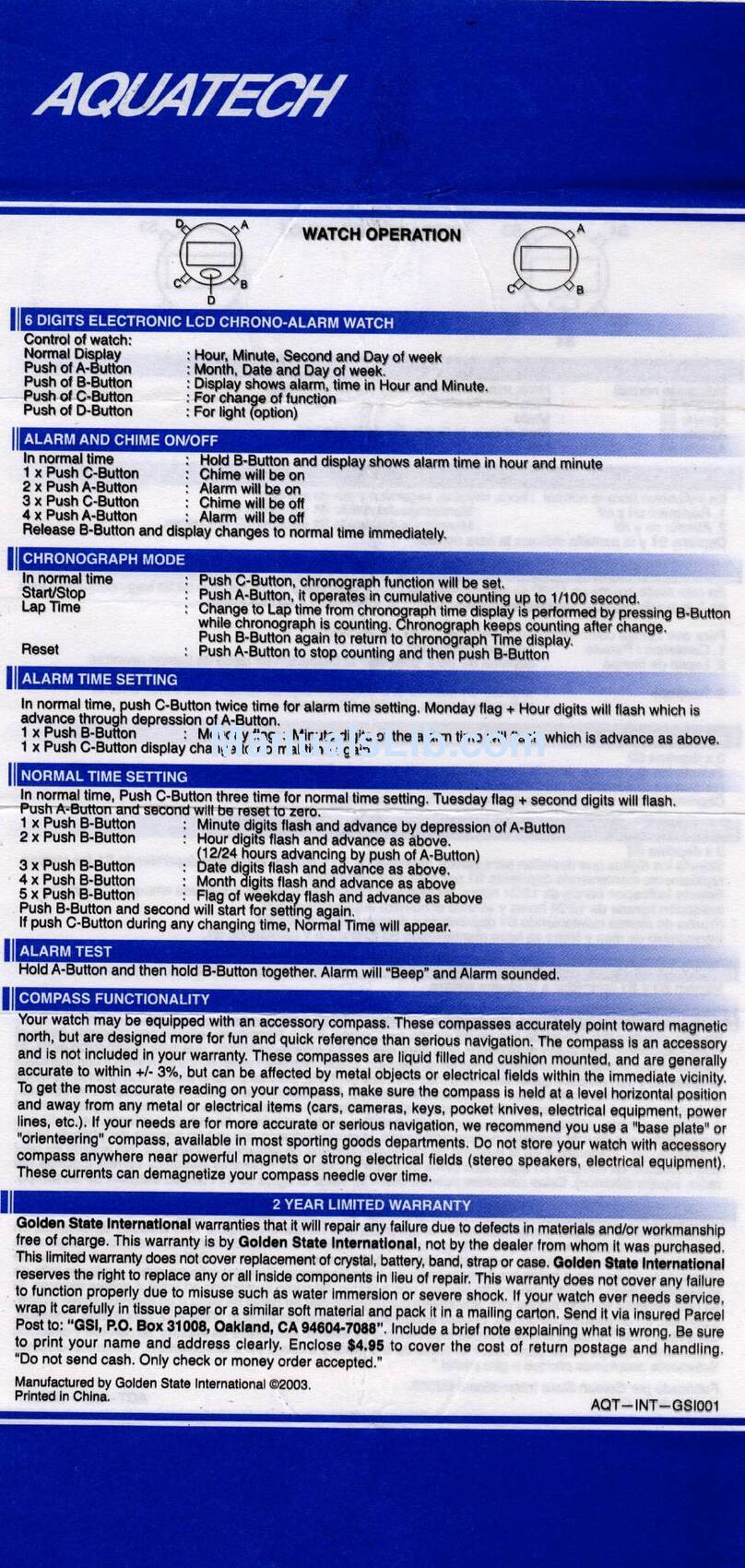GOLDEN STATE INTERNATIONAL AQUATECH DIGITALS manual