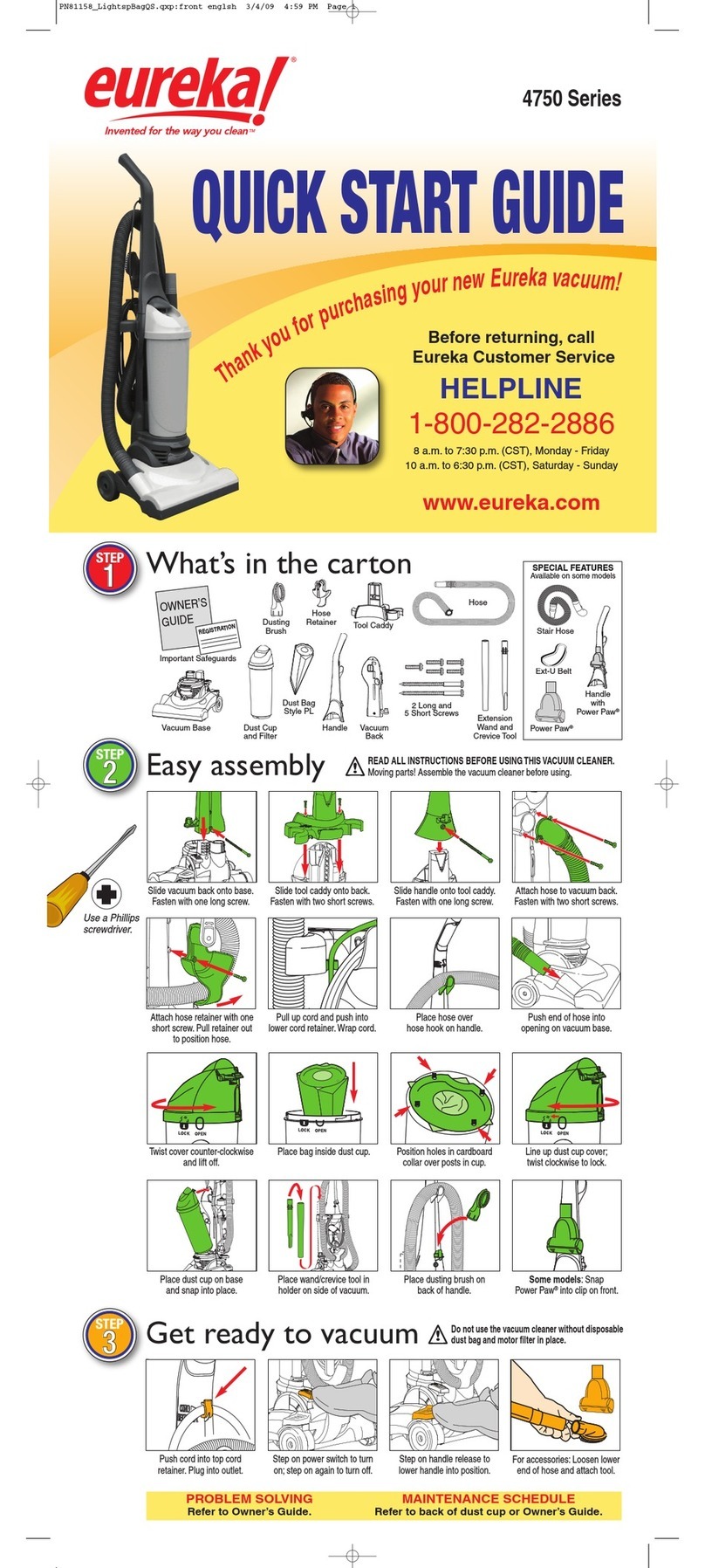 Eureka 4750A - Lightweight No Touch Bag System Upright... User manual
