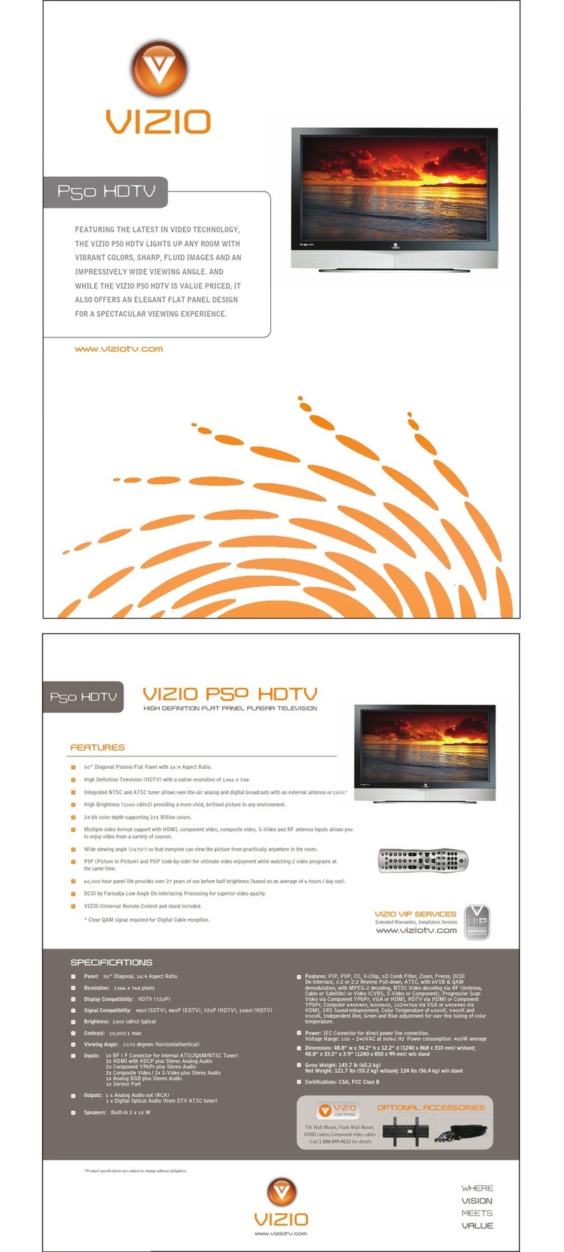 Vizio P50HDTV10A Features