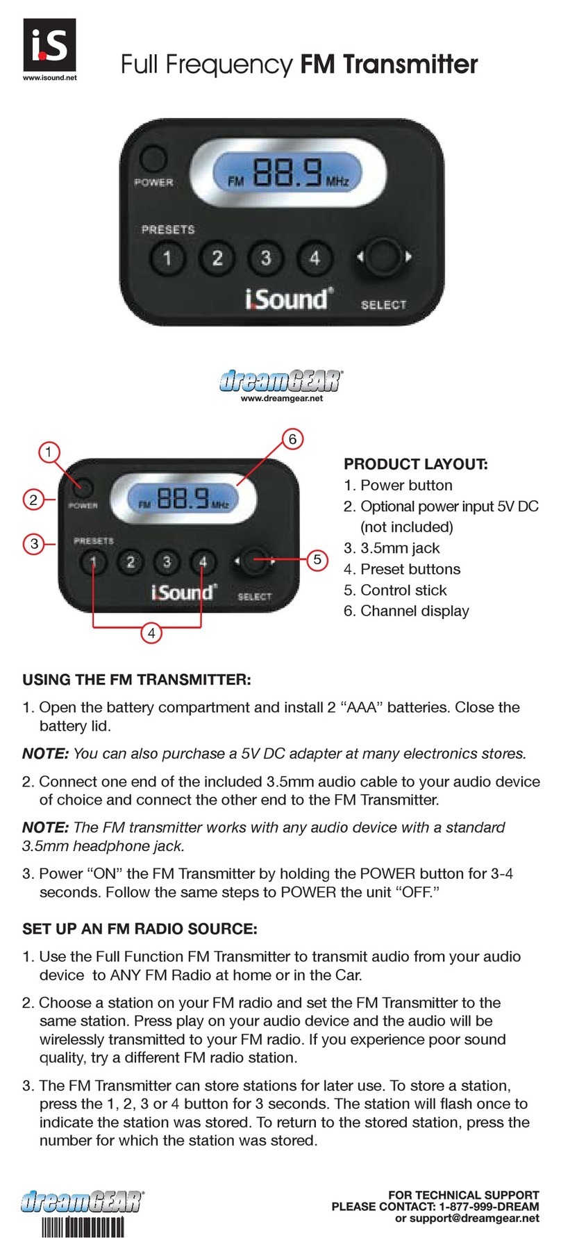 I.SOUND FULL FREQUENCY FM TRANSMITTER Setup and usage guide