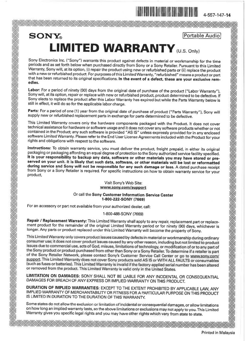 Sony MDR-NC100D Limited warranty