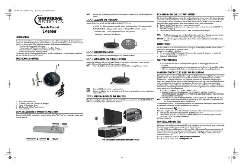Universal Electronics REMOTE EXTENDER Safety precautions