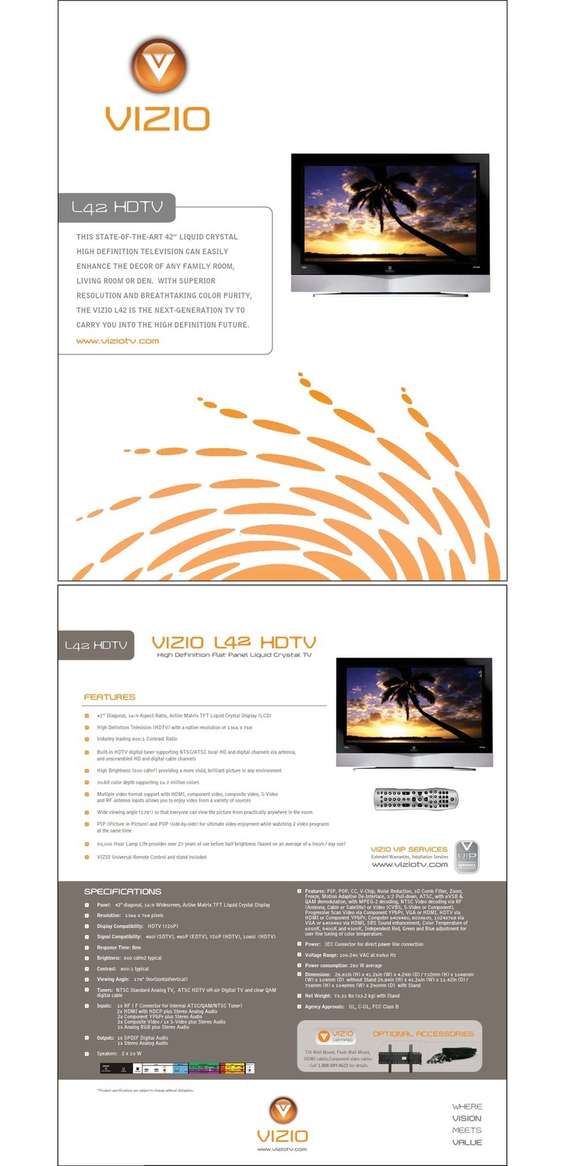Vizio L42HDTV10A Specifications