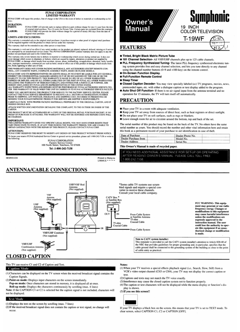 Symphonic T-19WF User manual