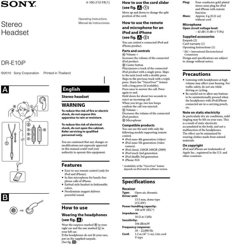 Sony DR-E10iP - Entry-level Earbud With Ipod User manual