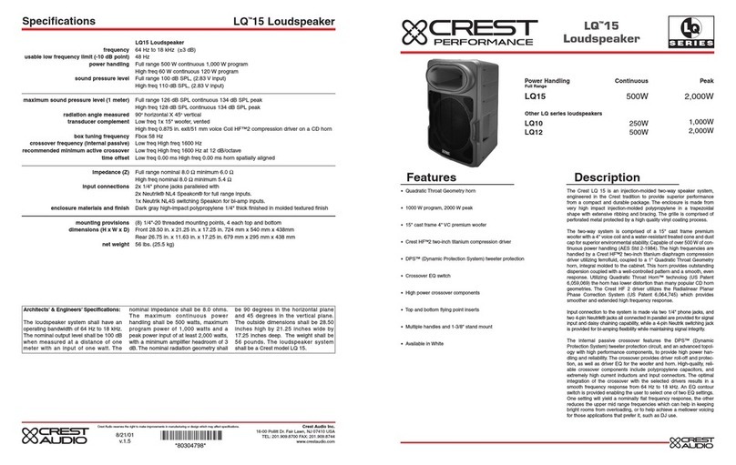 crest performance LQ15 LOUDSPEAKER Specifications