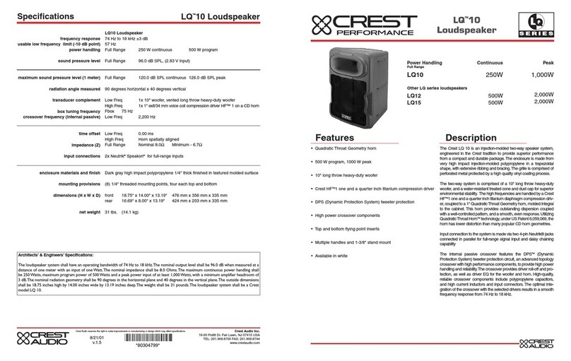 Crest Audio LQ10 LOUDSPEAKER Specifications