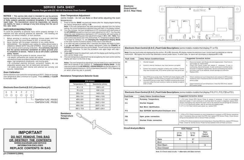 Frigidaire FFEF3012LS Service data sheet
