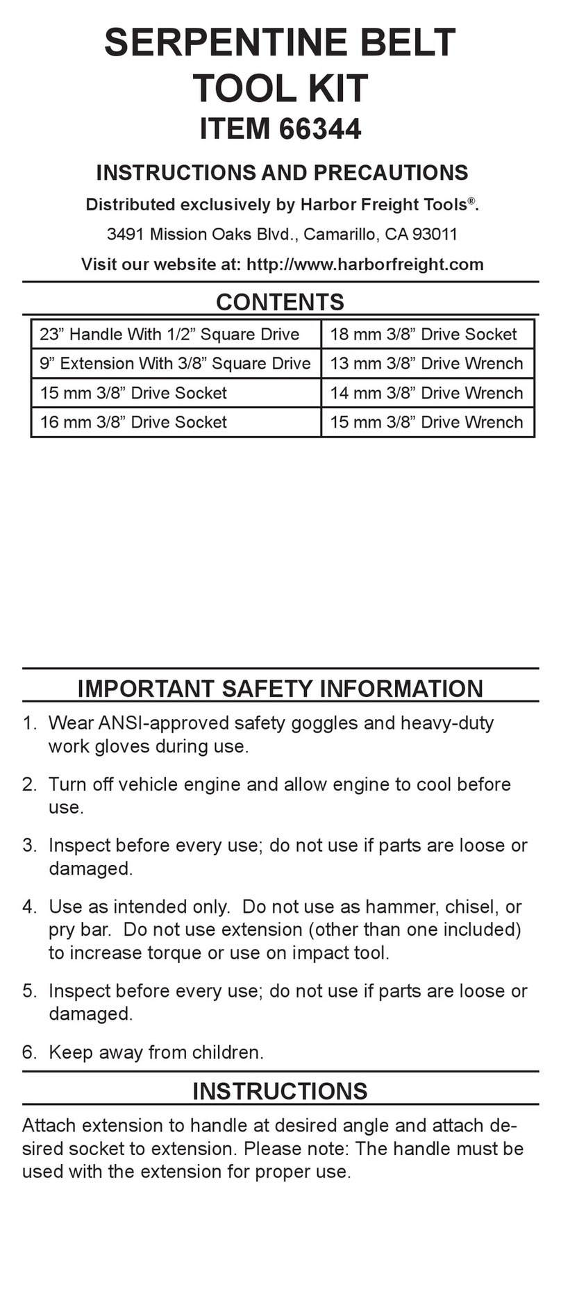 CHICAGO 66344 Instructions and precautions