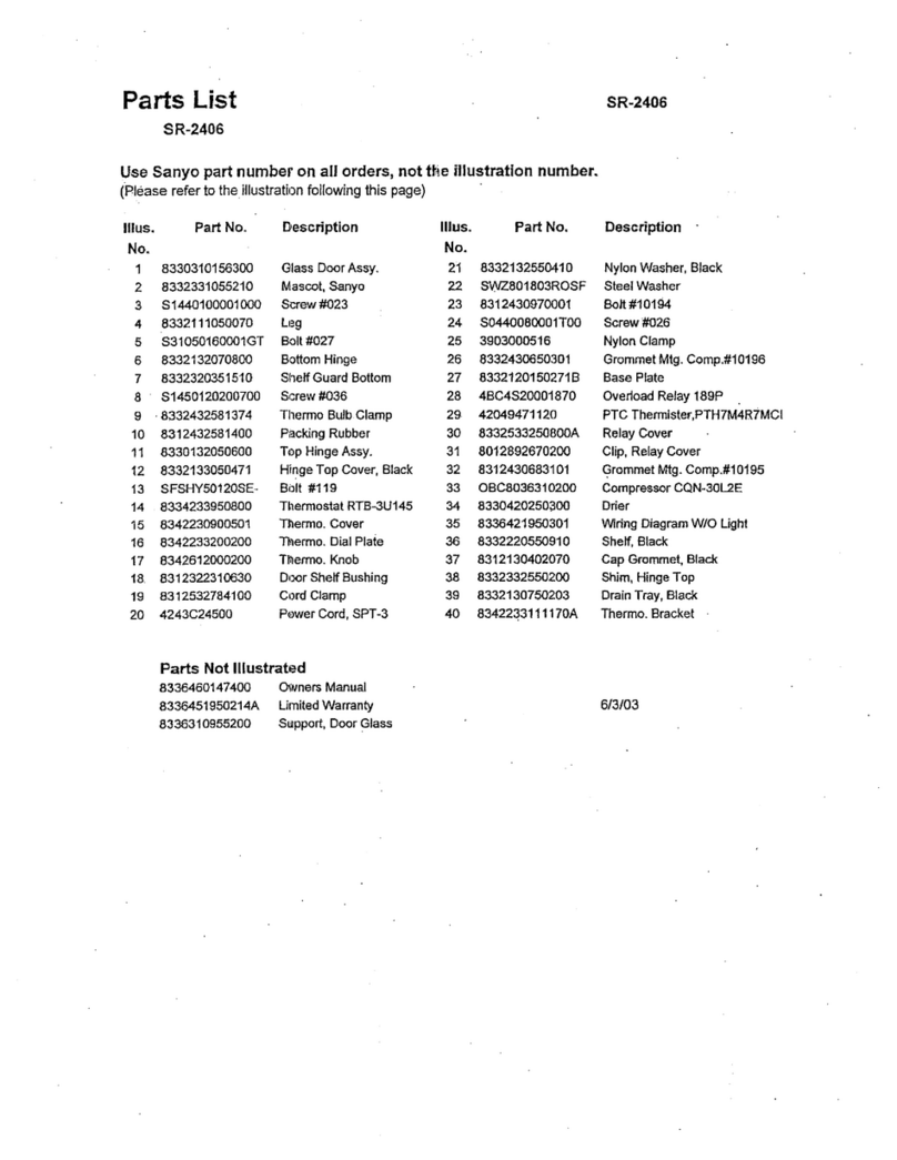 Sanyo SR-2406 - Wine Cellar parts list
