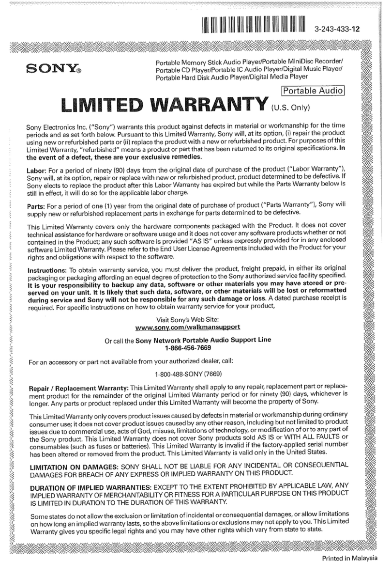 Sony NWZ-A728PNKBB Use and maintenance manual