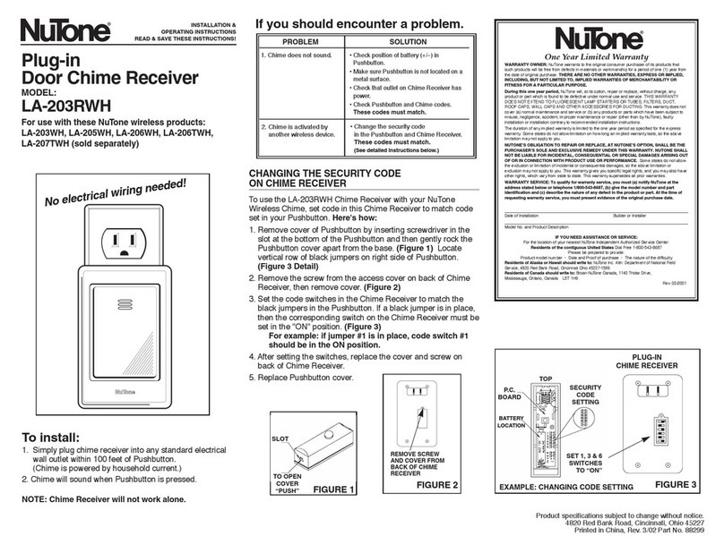NuTone LA-203RWH Installation and operating instructions